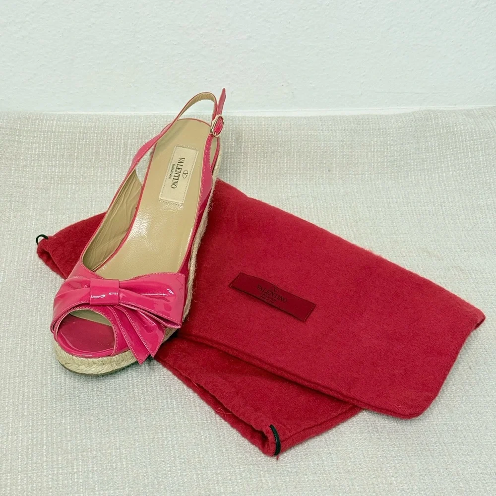 Valentino Garavani Fuchsia Patent Bow Wedge Sandals EU 38 US 8 Box